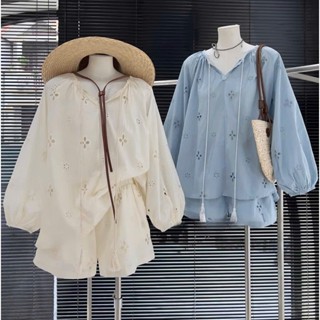 Set bộ nữ tay dài mix quần short họa tiết thêu hoa ren chất đũi mềm mát tiểu thư đi chơi đi biển Viole669