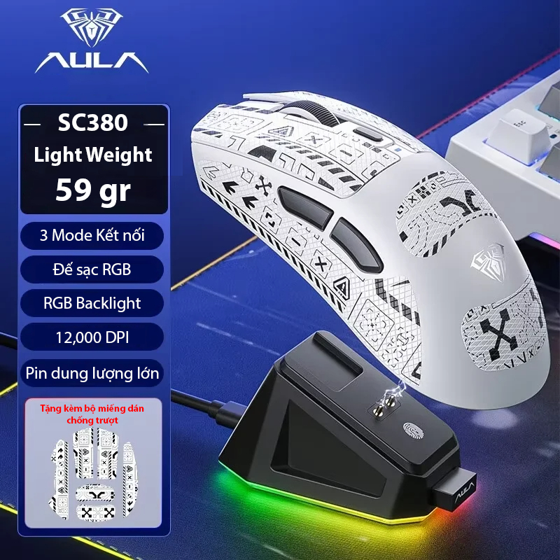 Chuột Gaming AULA SC380 - Siêu nhẹ chỉ 59 gr - 3 Mode kết nối - Dock sạc RGB - DPI 12000 | BigBuy360 - bigbuy360.vn