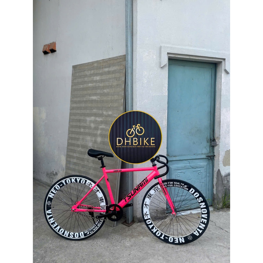 Xe Đạp Thể Thao Tsunami Fixed Gear Và Single Màu Hồng Neon, Tem Vành Tokyo( Tặng Kèm Strap Và Đồ Lắp