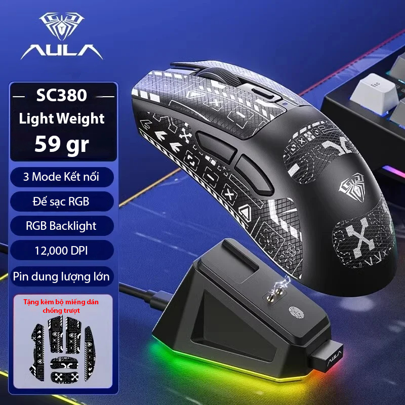 Chuột Gaming AULA SC380 - Siêu nhẹ chỉ 59 gr - 3 Mode kết nối - Dock sạc RGB - DPI 12000 | BigBuy360 - bigbuy360.vn