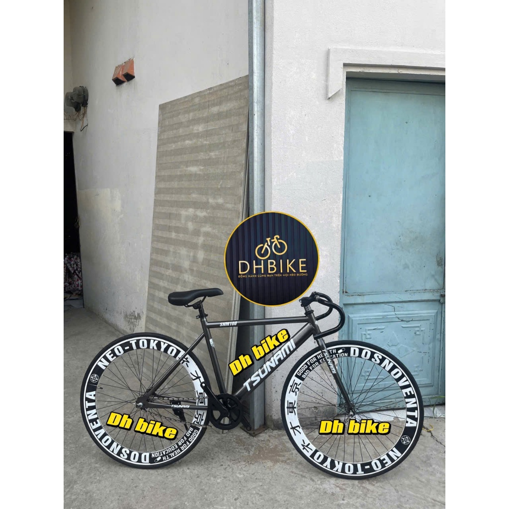 Đạp ThểXe  Thao Tsunami Fixed Gear Và Single Màu Đen Bóng, Tem Vành Tokyo (Tặng Kèm Strap Và Đồ Lắp)