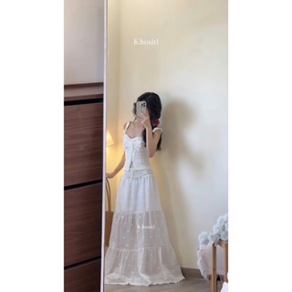 |Khositl| set áo crop trắng bèo 2 dây thắt nơ + chân váy midi xòe