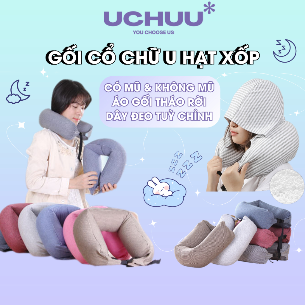 Gối Cổ Chữ U Hạt Xốp UCHUU Gối Kê Chống Mỏi Cổ Cao Gối Văn Phòng Đi Xe Ô Tô Máy Bay Du Lịch Có Mũ