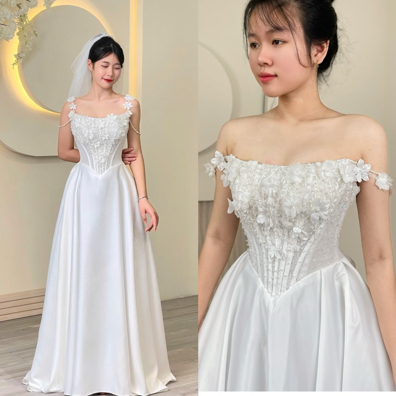  Váy Phi Đi Bàn Đi Tiệc Cô Dâu Dáng Suông Eo Nhọn Chất Phi Nhật Thân Cúp Ngực Có Vai Trễ Cao Cấp 