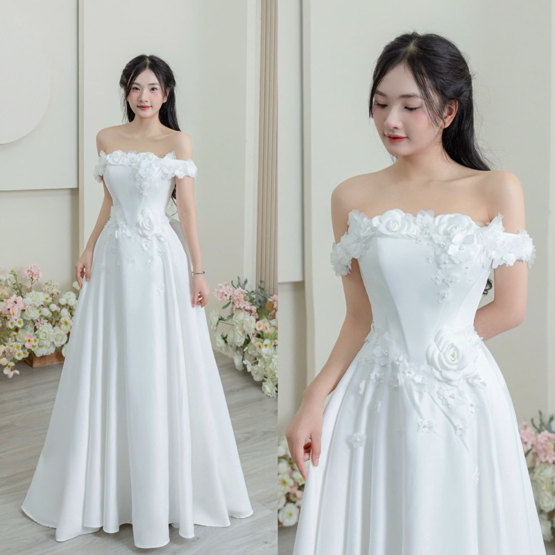 Váy Đi Bàn Trễ Vai Chất Phi Nhật, Ngực 2 Thân Form Cao Cấp Dáng Dài Chạm Đất, Siết Eo Và Che Bắp Tay Cực Tốt