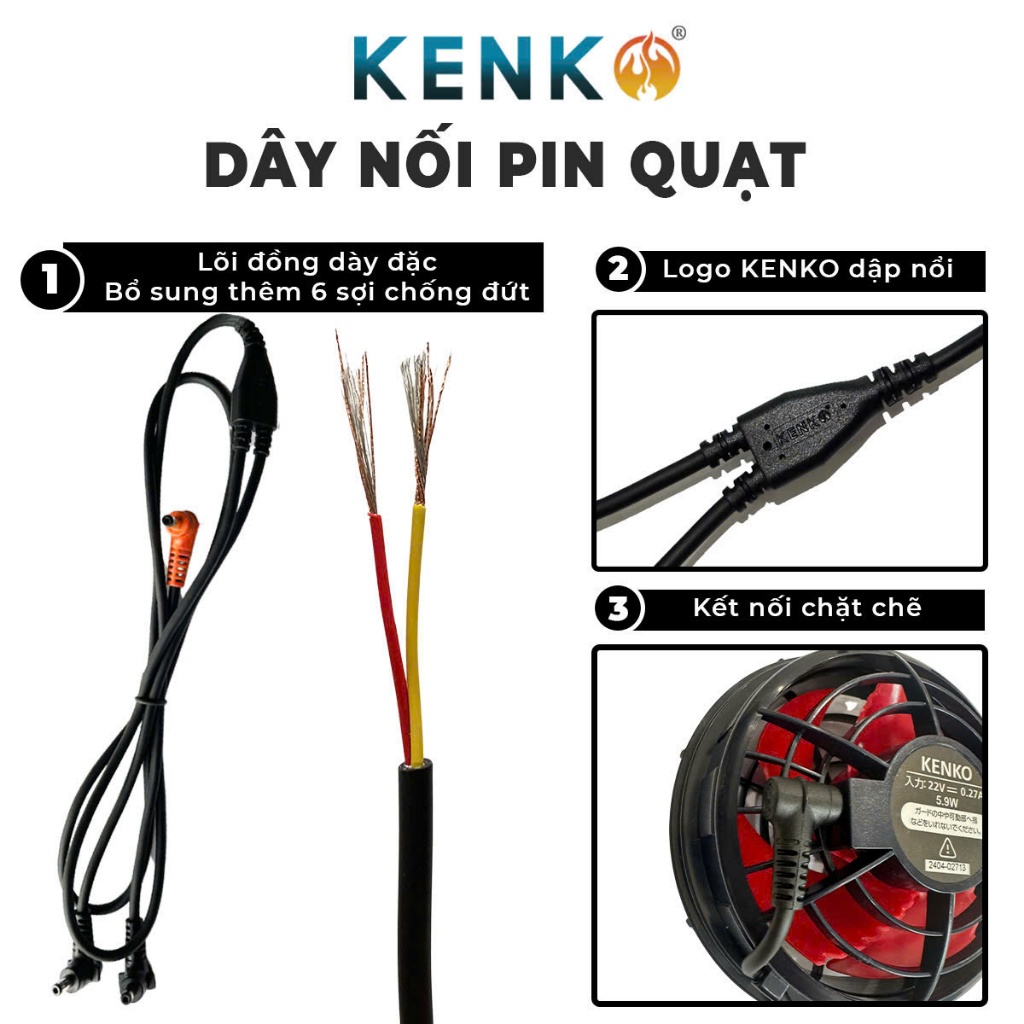 Dây cáp áo quạt điều hòa KENKO dòng 22v chống đứt ngầm siêu bền, dây nối quạt và pin