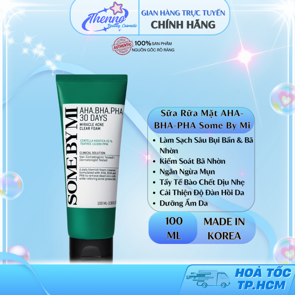 Sữa Rửa Mặt Some By Mi AHA-BHA-PHA 30 Days Miracel Acne Clear Foam 100ml Hàn Quốc