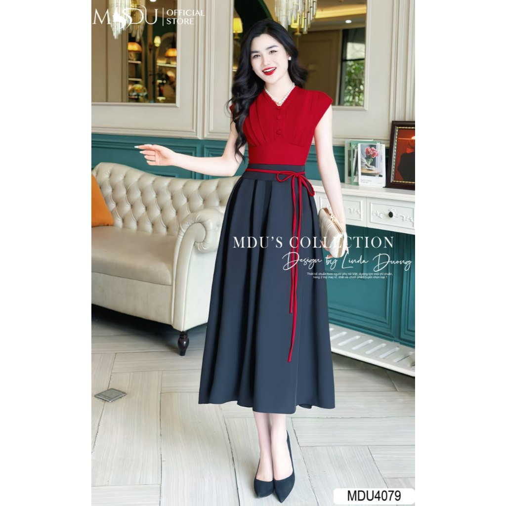 Váy Design MDU4079 Váy thiết kế Liền Thân Đính Nơ Chất Liệu Mango Hàn Cao Cấp