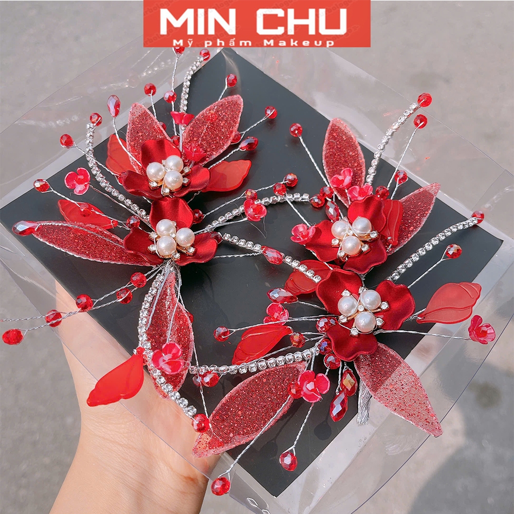 Cài tóc cô dâu màu đỏ, phụ kiện cài tóc cô dâu ngày cưới