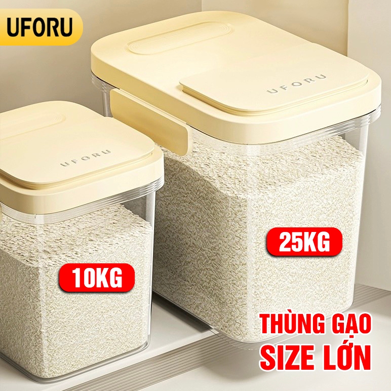 Thùng gạo nắp từ UFORU mẫu mới 2024 có bánh xe thiết kế đóng kín bảo quản thực phẩm chống ẩm mốc size lớn 25kg - UF661