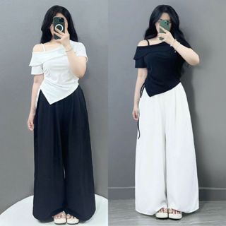 Set bộ Bigsize nữ áo thun kiểu trễ vai nhún eo phối quần xuông ống rộng vintage mặc thoáng mát - SET980