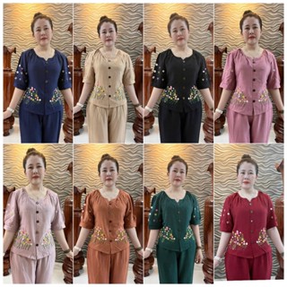 Set Đồ Bộ Trung Niên Nữ Vải Đũi Thêu Hoa Cao Cấp - Bộ Mặc Nhà U40 U50 U60 Form Rộng Mát Mẻ 1008