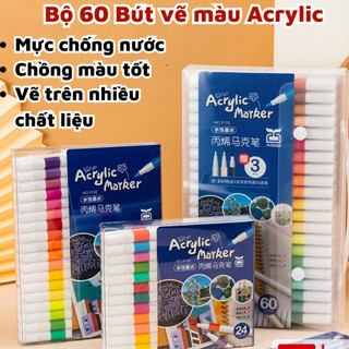 Bút màu acrylic marker 60 màu vẽ sơn chống nước bộ cọ vẽ trên mọi chất liệu bề mặt -.
