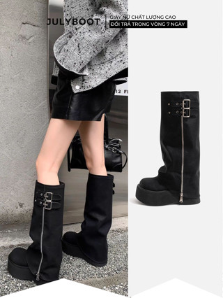 Boot nâu nữ Có Khuy kéo Cổ Cao Bốt Cao Bồi Biker boots - Đế 6 cm Cổ chùng Phong Cách vintage Cực Xinh luca