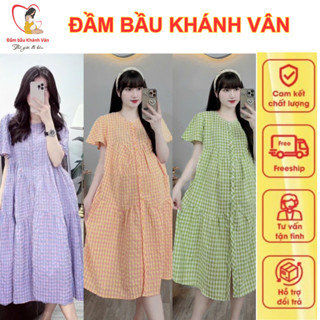 Váy bầu cộc tay mùa hè, đầm bầu thiết kế dáng babydoll vải kẻ ô nhiều màu siêu mát, sang chảnh cho bầu mặc đi làm đi chơ
