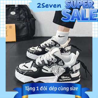 Giày nam sneaker thể thao đế cao 5cm, dây thừng họa tiết trắng đen độc lạ - GH62 - 2Seven