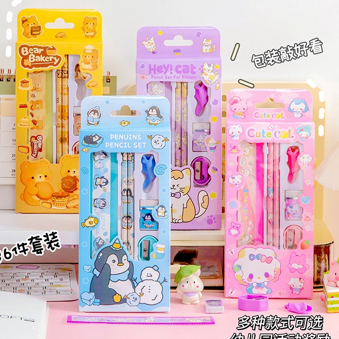 Bộ dụng cụ học tập 6 chi tiết, đồ dùng học tập dễ thương cute giá rẻ làm quà tặng học sinh KTBOOK