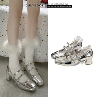  Giày bệt JULYBOOT Ballet Cao Gót nữ mũi vuông màu bạc cao Cấp Đế 5cm Giày ballet Mary Jane phong cách Pháp b3 
