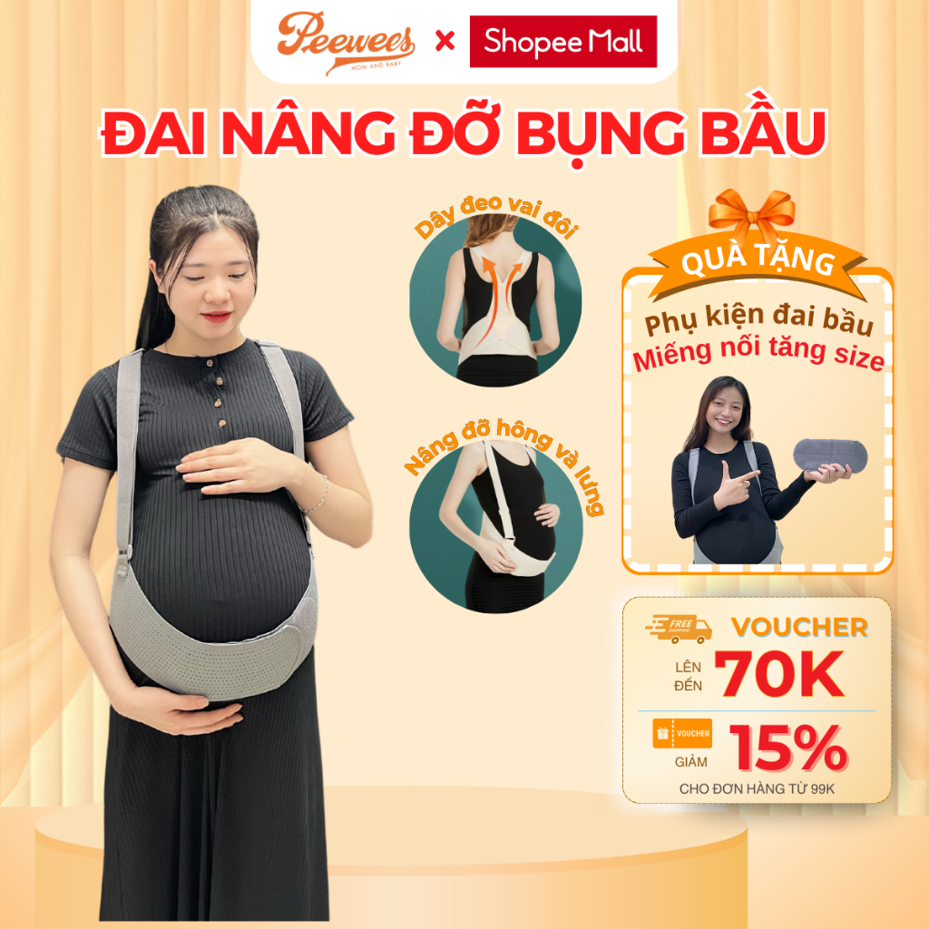 Đai nâng đỡ bụng bầu PEEWEES cao cấp màu xám, giảm đau lưng hạn chế rạn bụng, chất vải co giãn siêu mềm, hỗ trợ đổi size