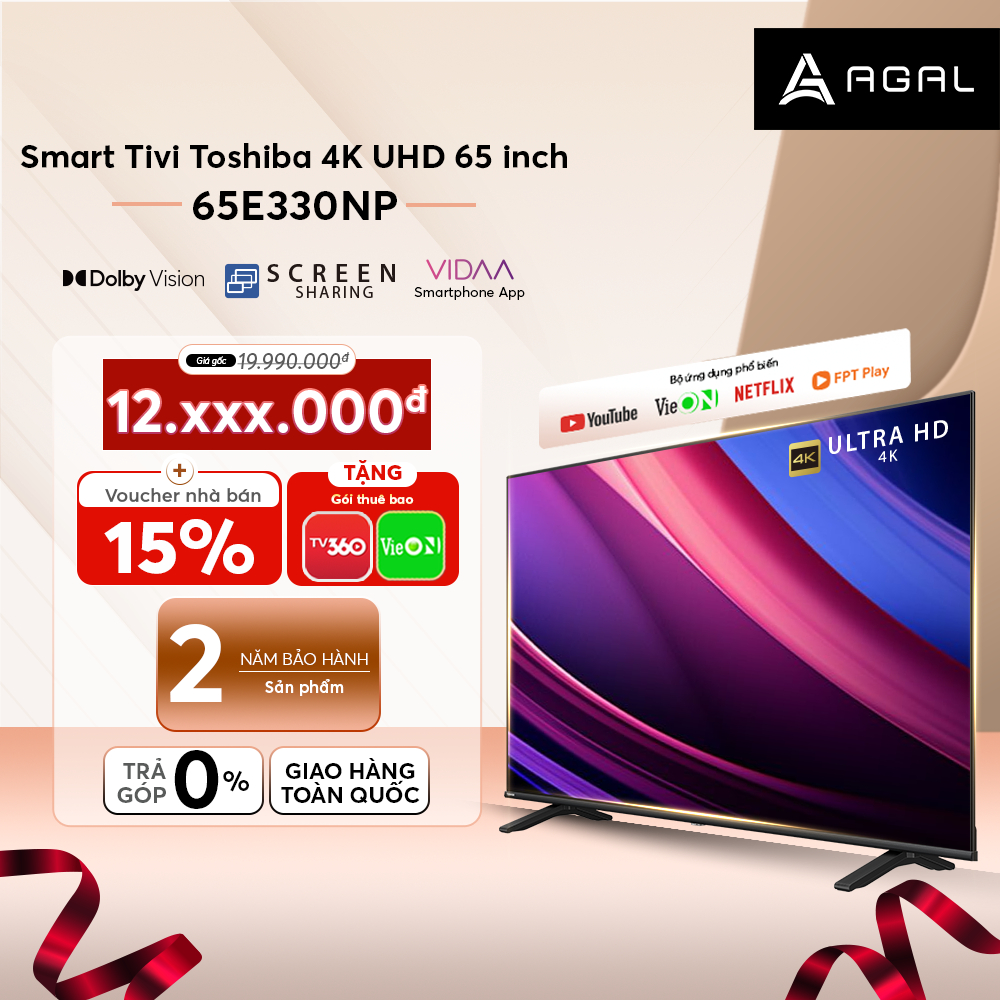 Smart Tivi Toshiba 65 inch 4K UHD 65E330NP, Điều Khiển Giọng Nói, Bảo Hành 2 Năm