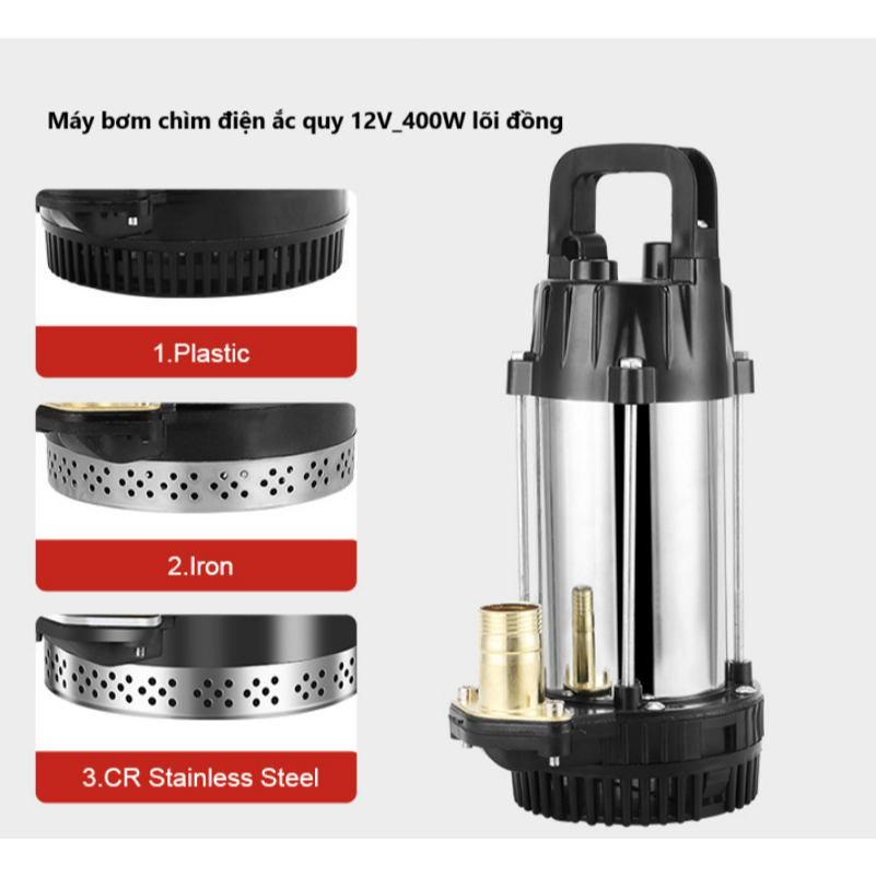 Máy bơm tõm ,bơm chìm  điện ắc quy 12V_400W,lõi đồng ,cánh INOX,Máy bơm chìm