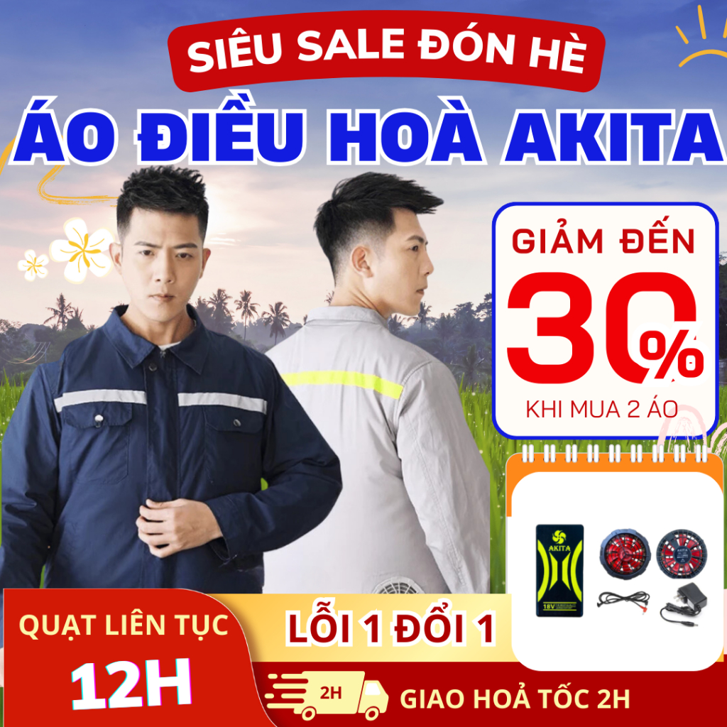 Áo điều hòa Akita Nhật Bản pin 74000mah, áo quạt điều hòa công suất 18V hoạt động liên tục 12-14h