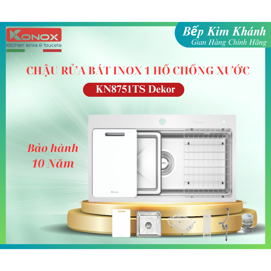 { Bảo hành 10 năm} Chậu rửa bát inox 1 hố chống xước Konox KN8751TS Dekor