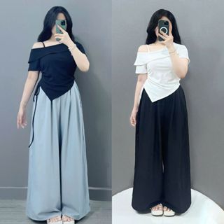 Bộ Đồ Nữ BigSize ,Set Áo + Quần Big Size ,Áo Thun Trễ Vai Kèm Quần Suông Ống Rộng Vải Mềm Mịn Mát SET980