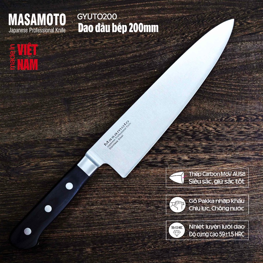 Dao thái thịt cá Nhật cao cấp Masamoto Gyuto 200mm - Cán gỗ Pakka, thép Carbon cao cấp AUS8 (MoV) Molybdenum Vanadium