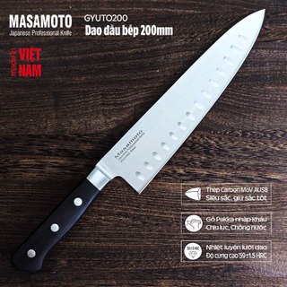 Dao thái thịt cá Nhật cao cấp Masamoto Gyuto 200mm - Cán gỗ Pakka, thép Carbon cao cấp AUS8 (MoV) Molybdenum Vanadium