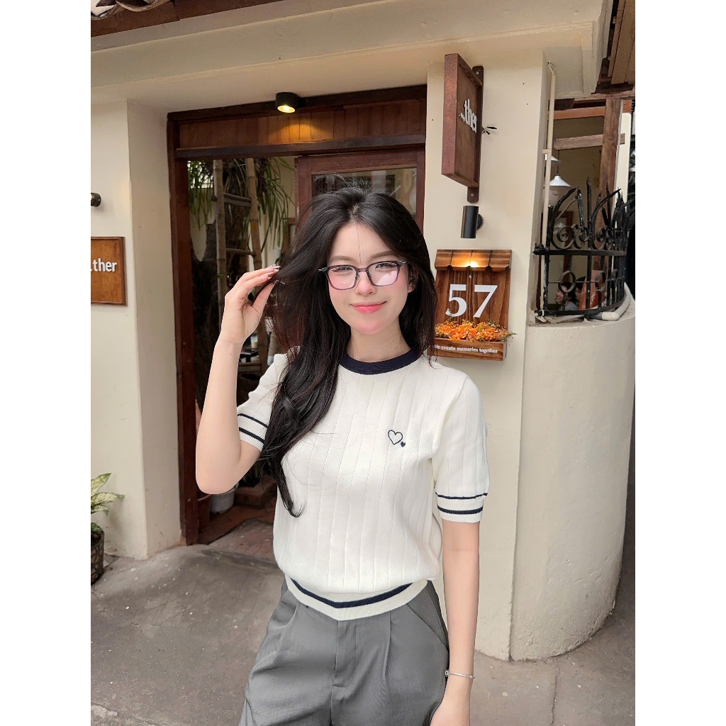 [DELIZ] Áo len lông thỏ ngắn tay cổ tròn phối viền trái tim chất mềm hàng thiết kế cao cấp ALC07 | BigBuy360 - bigbuy360.vn