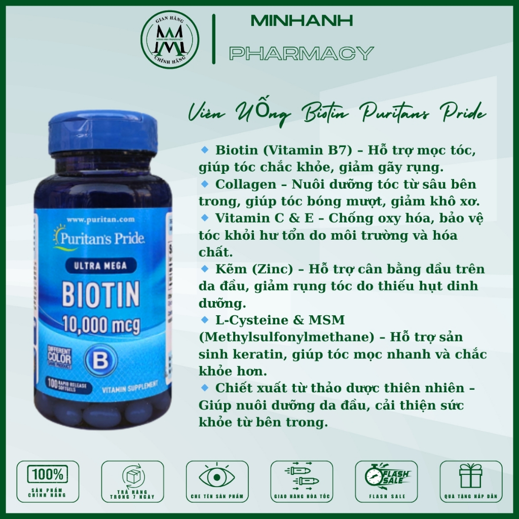 Viên uống mọc tóc, giảm rụng tóc Puritan's Pride Ultra Mega Biotin 10000 mcg 50 viên-100 viên