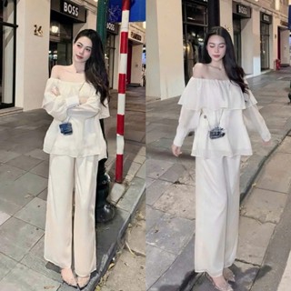  Set bộ đồ nữ thiết kế áo trễ vai bèo ngực 2 lớp tơ ánh kim tay dài phối quần suông dài,thanh lịch nữ tính hợp để đi chơi 