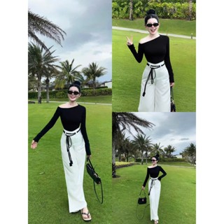 Set bộ nữ siu xinh chất áo thun tay dài trễ vai phối quần kaki dài ống rộng cột eo mẫu mã mới y hình