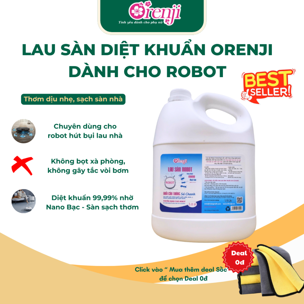 Nước lau sàn chuyên dụng dành cho Robot lau nhà - nano bạc, tinh dầu sả chanh Orenji 3,8l