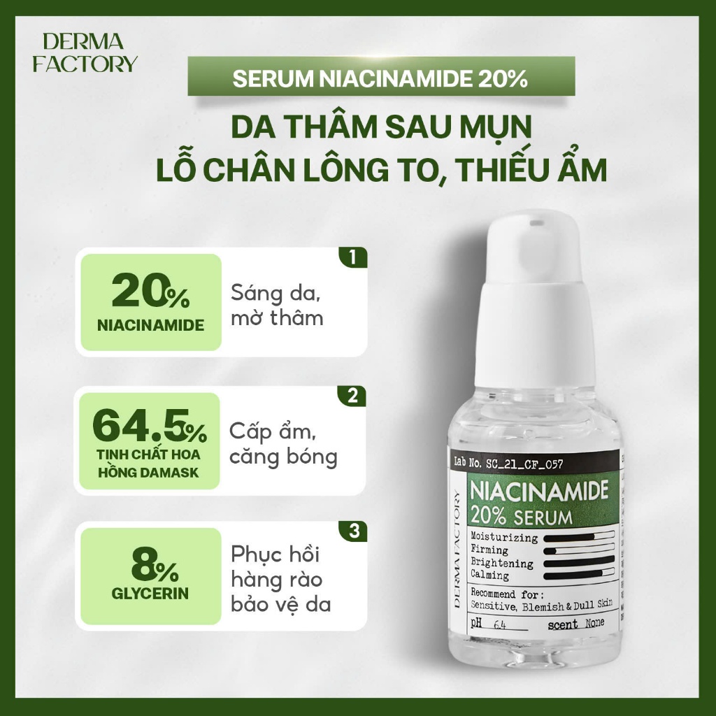 Tinh chất dưỡng trắng da, cấp ẩm, ngừa thâm mụn Derma Factory Niacinamide 20% Serum