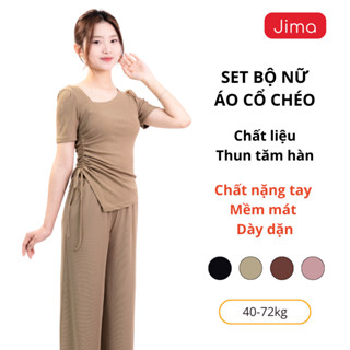 Set bộ nữ Jima set áo dáng cộc tay cổ chéo mix dây rút nhún eo che bụng bộ quần dài mặc nhà chất mềm mại co giãn TK121