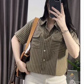 Áo Sơmi Nữ Croptop Kẻ Sọc Tay Cộc Mền Mại Xinh Xắn Phong Cách Hàn Quốc