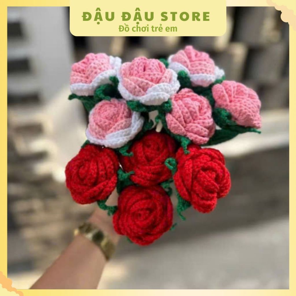 Hoa len làm thủ công,  handmade móc sẵn, hoa hồng bằng len làm quà tặng, Đậu Đậu Store