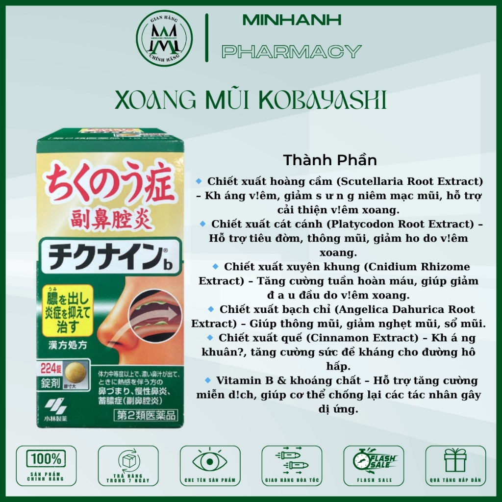 Viên uống hỗ trợ giảm xoang mũi chảy nước mũi ngứa mũi dị ứng Chikunain Kobayashi Nhật Bản
