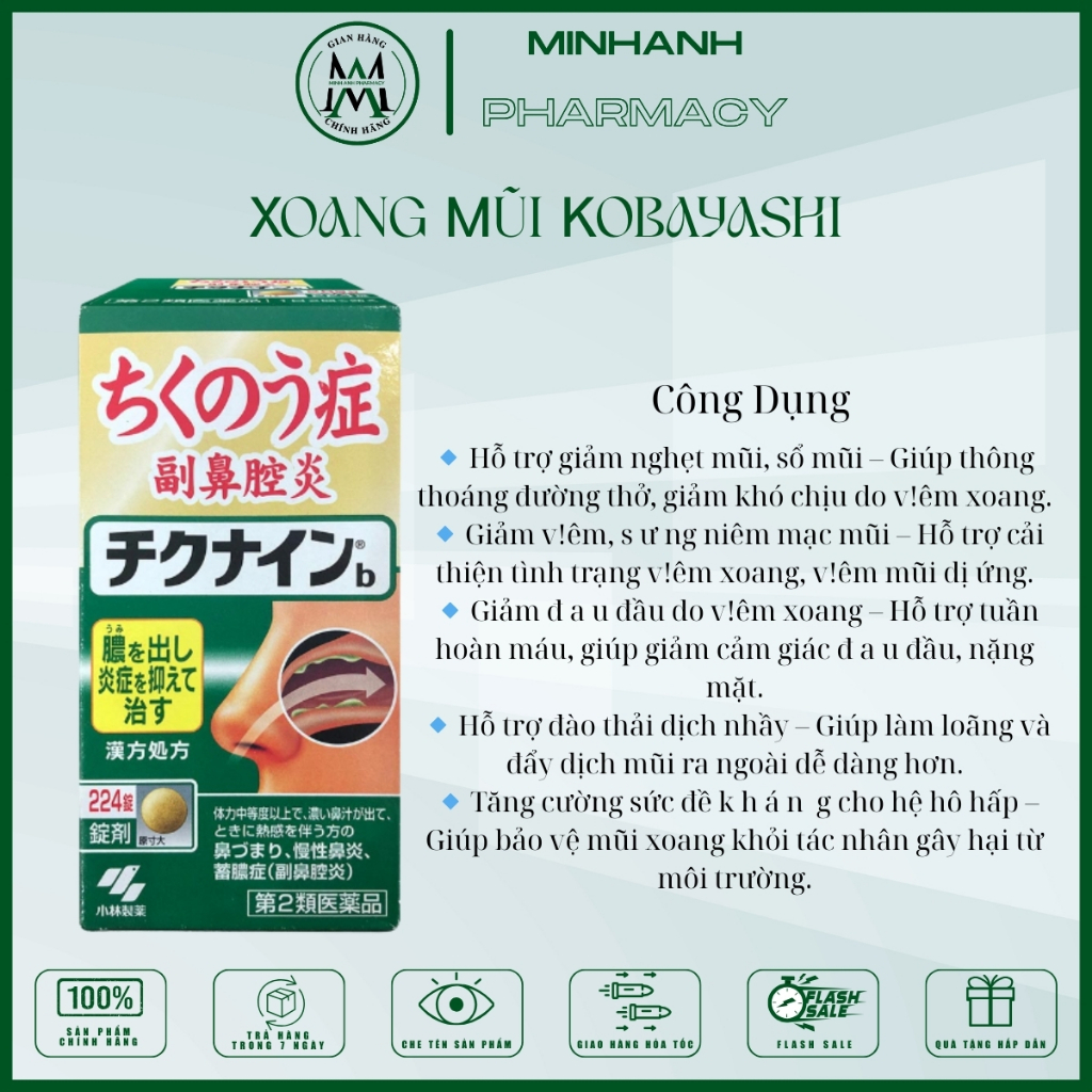 Viên uống hỗ trợ giảm xoang mũi chảy nước mũi ngứa mũi dị ứng Chikunain Kobayashi Nhật Bản