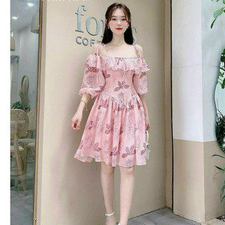 *Đầm thời trang nữ cổ dây mảnh tay bồng trễ vai dài vừa thắt nơ trước ngực có lót mút ngưc chất voan hoa thoáng mát