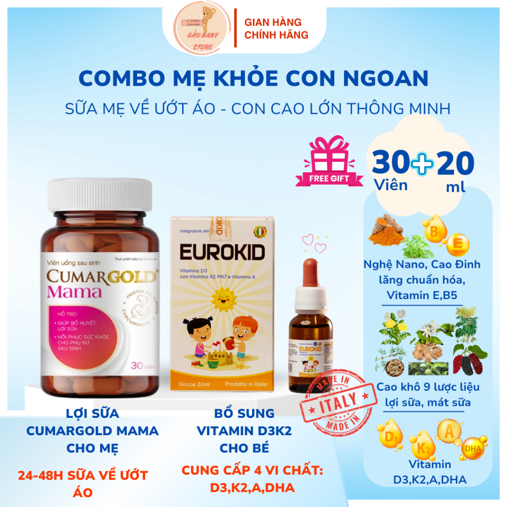 [COMBO] 1 Hộp lợi sữa Cumargold mama và 1 Hộp Vitamin D3K2 Eurokid cho bé, Sữa mẹ về ướt áo, con cao