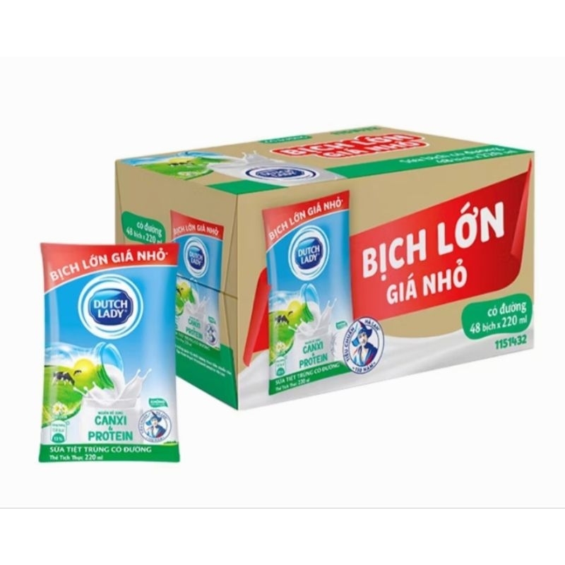 Thùng Sữa Bịch Dutch Lady Cô Gái Hà Lan Có Đường (48 x 220ml), Sữa Tiệt Trùng 48 Bịch