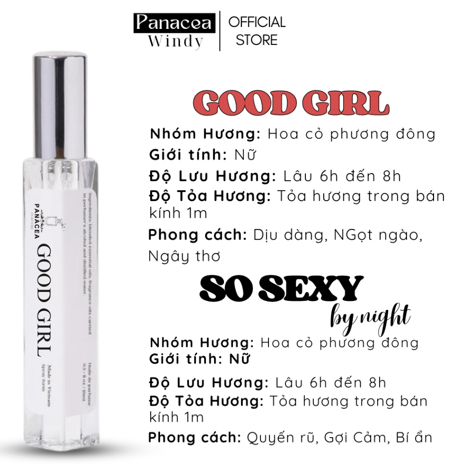 [GOOD & SEXY] Nước Hoa Nữ PANACEA 10ml Thơm Mát Good Girl Ngọt Ngào, Dịu Dàng và So Sexy By Night Bí Ẩn, Quyến Rũ | BigBuy360 - bigbuy360.vn