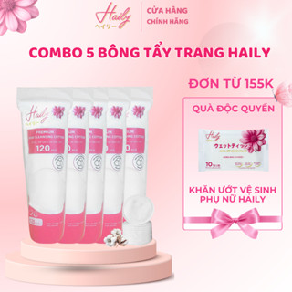 COMBO 5 bịch (600 miếng) bông tẩy trang tròn cotton Haily tặng khăn giấy ướt vệ sinh Haily hương hoa