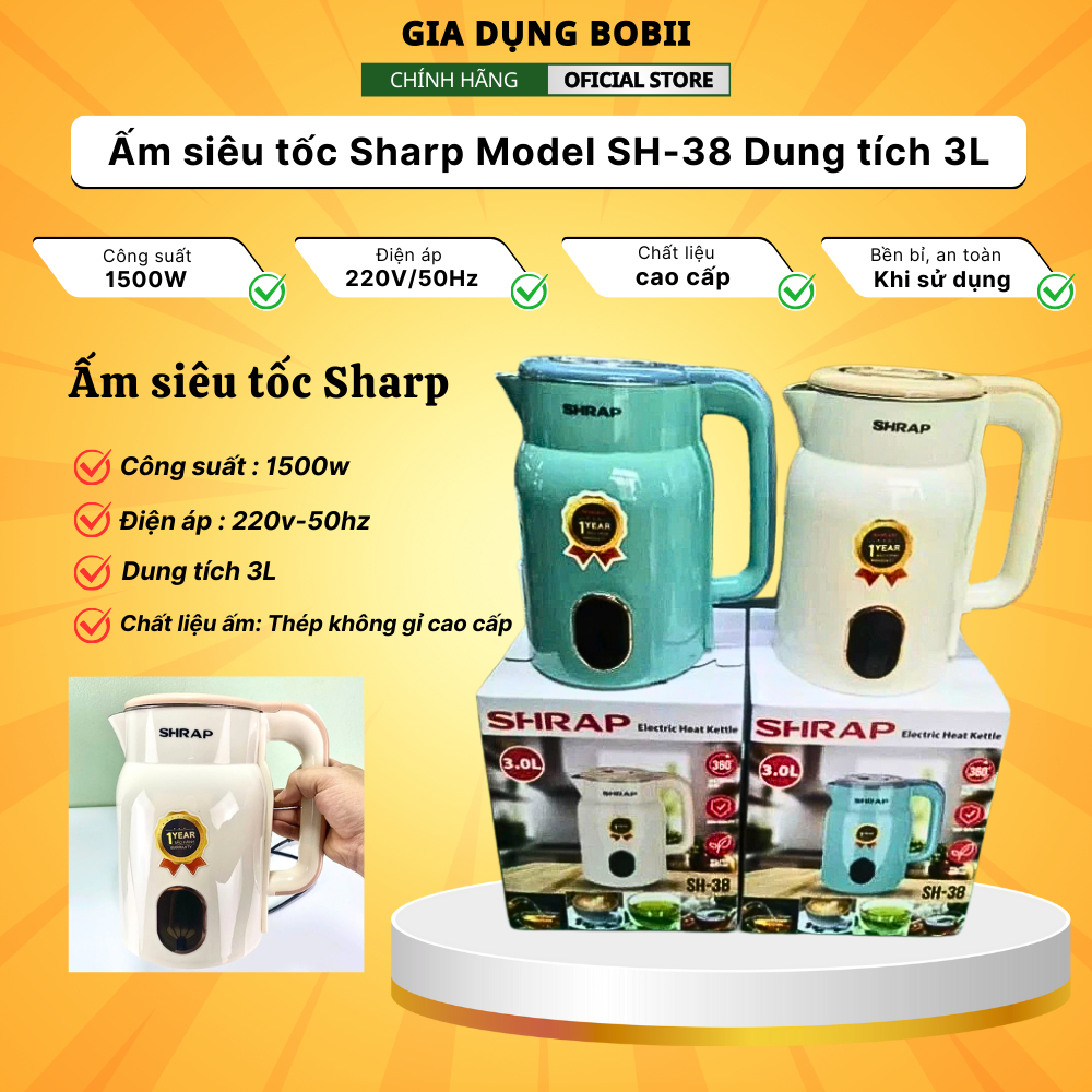 Ấm siêu tốc Sharp Mẫu Mới Model SH-38 Dung tích 3L Công suất 1500w Có tự ngắt khi sôi An toàn và Tiết kiệm điện - BOBII