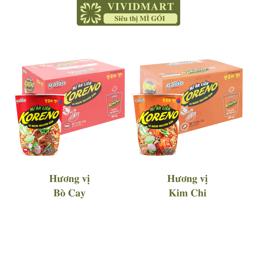 [THÙNG 24 LY] - PALDO - Mì ly Koreno 2 vị: Bò cay, Kim chi, Mì ly ăn liền Koreno Hàn Quốc, Mì ly Kor
