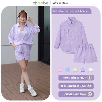 Set bộ quần áo sơ mi Heartie Choobe phối túi nắp dáng rộng hoạ tiết kẻ sọc quần cạp chun ASM07+QSM07