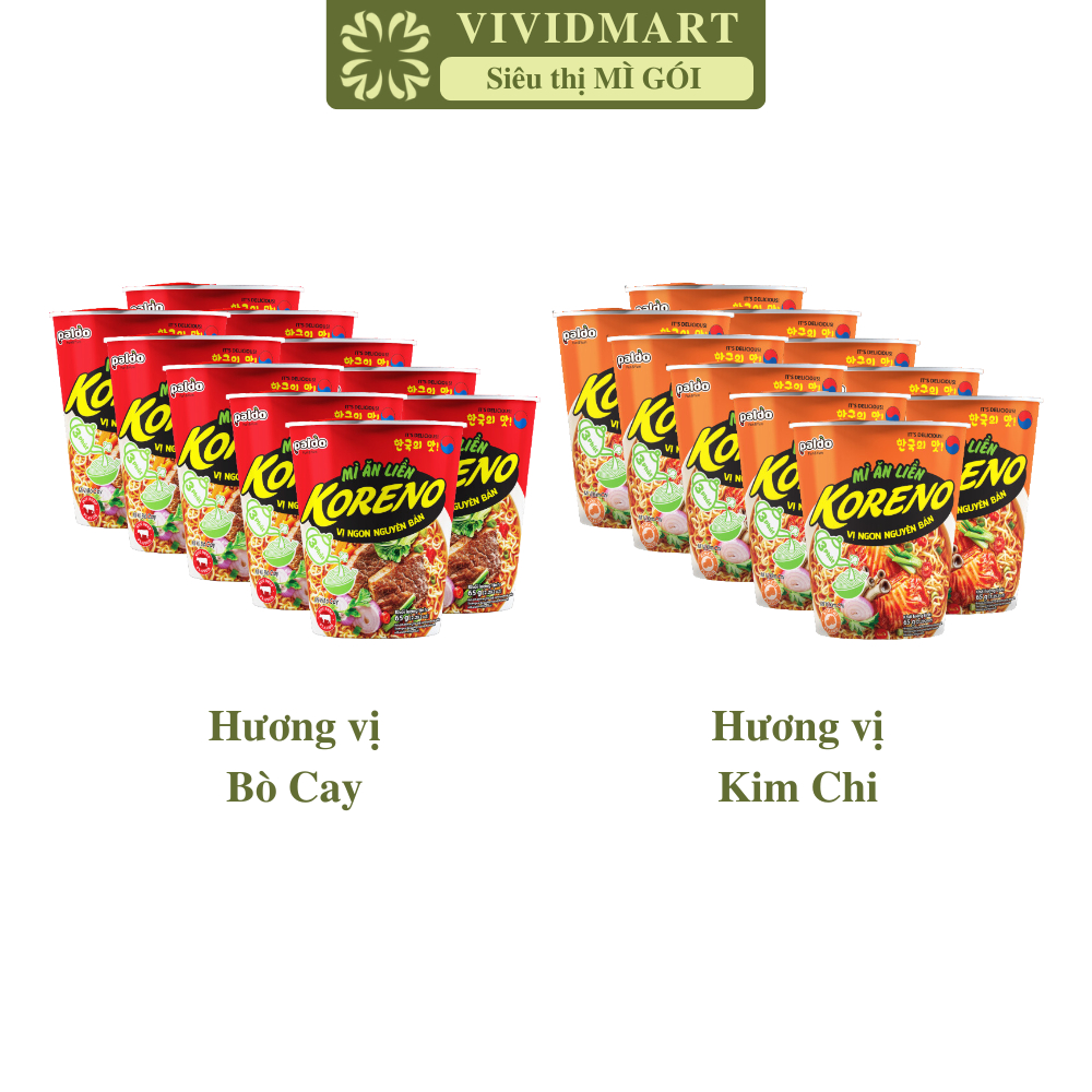 [SET 10 LY] - PALDO - Mì ly Koreno 2 vị: Bò cay, Kim chi, Mì ly ăn liền Koreno Hàn Quốc, Mì ly Koren